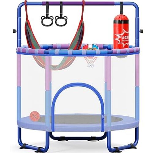 55" Trampoline for Kids with Enclosure, 6-in-1 Toddler Trampoline Indoor Outdoor, Upgrade Full Anti-Rust Tube with Adjustable Gymnastics Bars for Boys Girls
