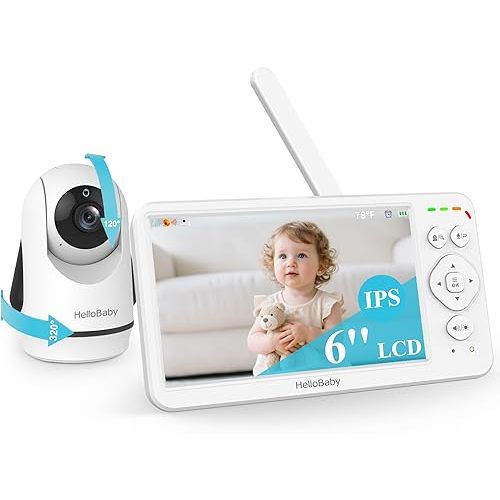 HelloBaby Baby Monitor with Camera & Audio,6" Global First IPS Display 30H Battery, Video Baby Monitor No WiFi,2-Way Talk,ECO,Pan Tilt & Night Vision,1000ft, for Parents, Elderly & Pets This Christmas