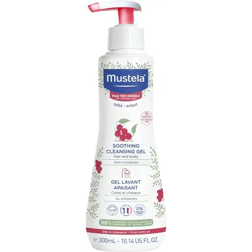 Mustela Baby Soothing Cleansing Gel - Fragrance-Free Hair & Body Wash for Very Sensitive Skin - with Natural Avocado Perseose & Schizandra Berry - 10.14 fl. oz.