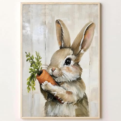 Abstract Rabbit Canvas Wall Art Farmhouse Animal Pictures Bunny Carrot Painting Cute Bunny Wall Art Vintage Easter Posters Rustic Rabbit Painting Farm Animal Kitchen Picture Prints 16x24inch No Frame