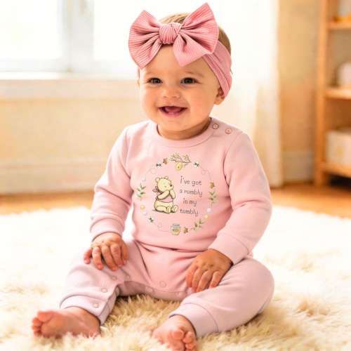 Classic Bear Romper: Pink Cotton Baby Outfit, "Rumbly in my Tumbly" Quote