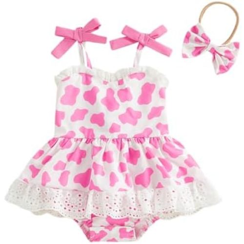 Newborn Infant Baby Girl Summer Clothes Western Cow Print Sleeveless Princess Romper Dress With Cute Bow Headband