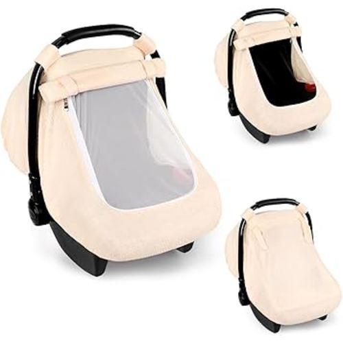 Hooyax Muslin Car Seat Cover Baby - Breathable and Privacy Car Seat Canopy with 3 Modes - Easy Install & Gift Box Packaging, Universal Fit for Infant Car Seats, Apricot