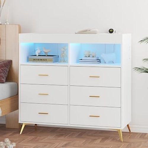 Nursery Changing Table Dresser with LED Lighting and Charging Function, 6 Drawer Storage Dresser with 2 Open Compartments, Convertible Baby Diaper Station for Nursery and Bedroom Use (White-new)