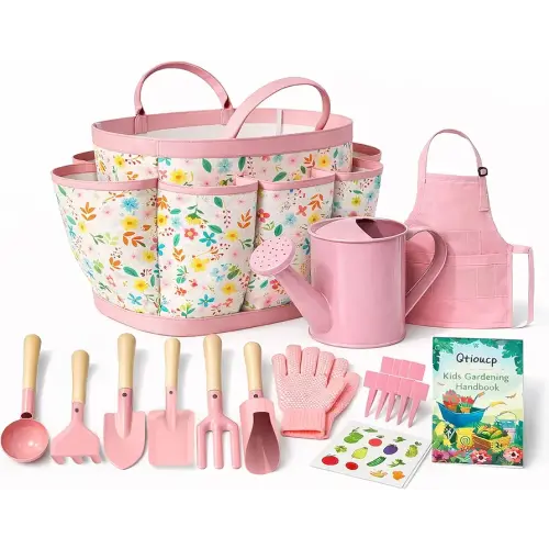Qtioucp Kids Gardening Set 14Pcs Garden Tools with Tote Bag,Watering Can, Shovel, Apron, Garden Book and More Educational STEM Learning Outdoor for Toddlers Boys Girls (Floral)
