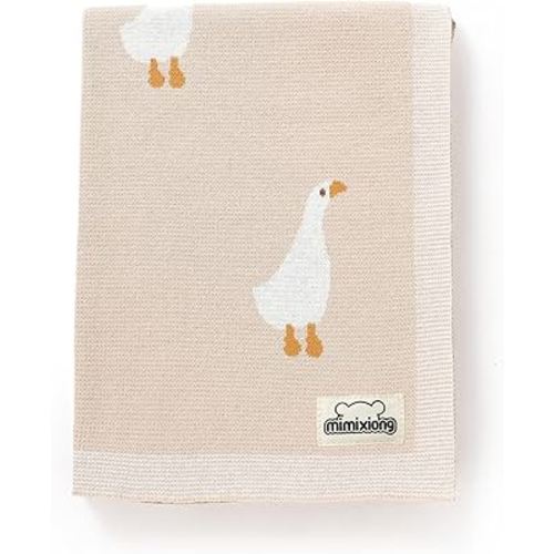 mimixiong Baby Blanket Knit Receiving Boys Girls Blanket Soft Cotton Neutral Blanke for Swaddle Crib Stroller with Cute Goose Beige 30x40 Inch