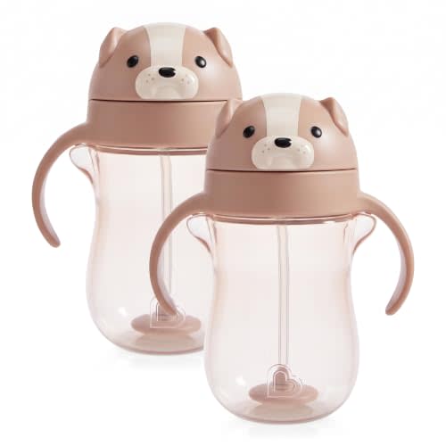 Munchkin Any Angle Spill Proof Weighted Straw Trainer Cup, Transition Sippy Cups for Toddlers and Babies, Click Lock Technology & Fun Dog Design, 10 Ounce, Brown (Pack of 2)