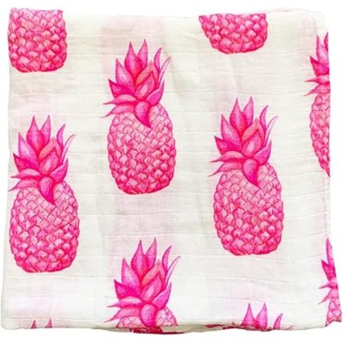 Florida Kid Co. Pink Pineapple Baby Swaddle Blanket - 70% Viscose from Bamboo/ 30% Cotton Muslin - Silky Soft, Breathable, Lightweight, Large - 47 in. x 47 in.