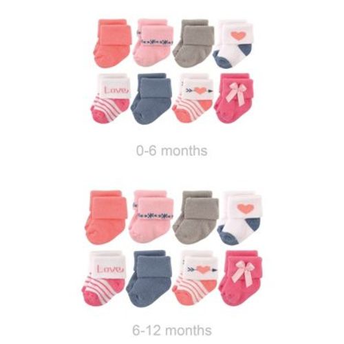 Hudson Baby Infant Girls Grow with Me Cotton Terry Socks, Love, 0-6 and 6-12 Months