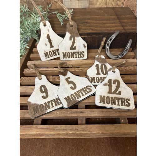 Monthly Milestone Cow Tag | Genuine Branded Cowhide | Baby Gift | Baby Photo Props | Ear Tag Western Monthly Milestone Marker |Western Baby
