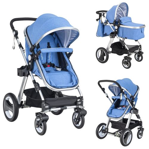 BABY JOY Baby Stroller, 2-in-1 Convertible Bassinet Reclining Stroller, Foldable Pram Carriage with 5-Point Harness, Including Cup Holder, Foot Cover, Diaper Bag, Aluminum Structure, Blue - Costco