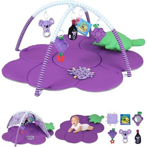 Tummy Time Mat, 9-in-1 Grape Baby Play Gym Mat, Oversize Baby Play Activity Mat with Sunshade & 6 Detachable Sensory Toys, Washable Non-Slip Mat for Newborn Infant Baby Essentials Gift
