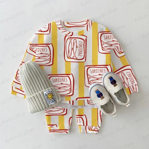 Baby Waffle Canned Sardines Yellow Vertical Striped Sweatshirt 2-piece Set