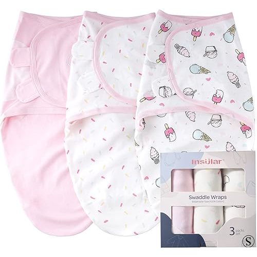 Baby Swaddle Wrap, Swaddle Blanket for Newborn and Infant, Adjustable Swaddling Set for Boy and Girl, Soft Cotton Baby Sleep Sack 3 Pack, Ice Cream, Small(0-3 Month)