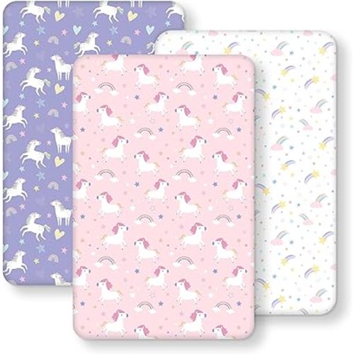 Baby Bedside Bassinet Sheets Fitted Girl, 33”x20” Compatible with Baby Delight Dream On Me & Most Rectangle Bedside Sleeper Bassinet Mattresses, Super Soft Microfiber Pink Purple Rainbow