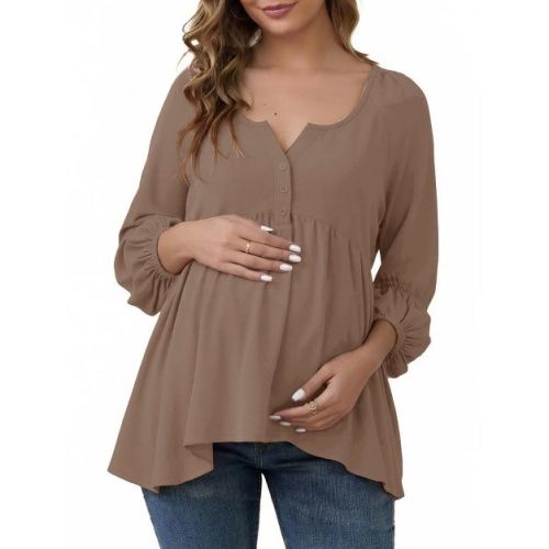 INSPIRE CHIC Womens Maternity High Low Tops Lantern Sleeve Boho Babydoll Ruffled Flowy Long Sleeve Pregnancy Blouse Large Brown