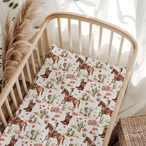 Vintage Western Cowgirls Horse Boho Floral Fitted Baby Crib Sheet for Boys Girls 52x28Inch Retro Cactus Flowers Wild West Baby Sheet for Standard Crib and Toddler Wild West Mattress