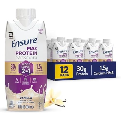Ensure Max Protein Shake - Batido de apoyo muscular 2 en 1, 1.06 onzas de alto contenido en proteínas, HMB, 26 vitaminas y minerales, listo para beber, vainilla, 11 onzas líquidas, paquete de 12