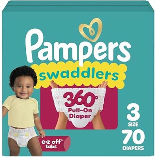 Pampers Diapers - Swaddlers 360° - Size 3, 70 Count, up to 100% Leakproof Comfy Dry Fit, Designed for Easy Changes, Pull On Baby Diaper (Packaging May Vary)