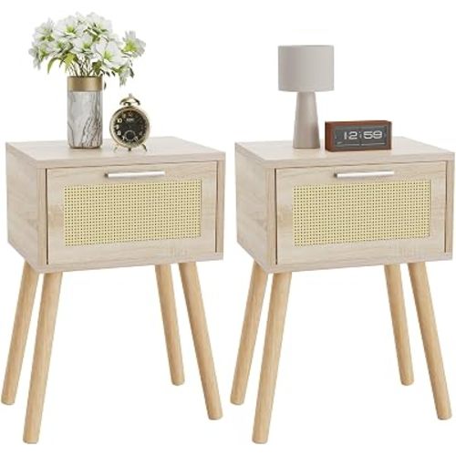 YMYNY Nightstand Set of 2, End Table, Small Bedside Table, Handmade Rattan Decorated Drawer, Solid Wood Legs, Modern Side Table for Bedroom and Small Spaces, Natural UHST010N-2