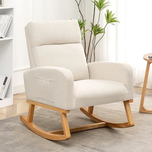 HCHAIRH Rocking Chair Nursery, Nursing Rocker Chairs with High Backrest, Modern Glider Rocking Chair for Mom Nursery, Living Room, Bedroom, Beige
