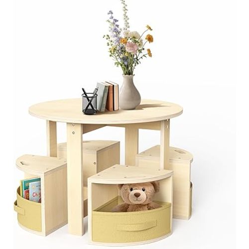 Ensemble table et chaise pour enfant avec 4 tabourets de rangement, design gigogne, table d'activités pour enfants pour jouer/art/lecture/artisanat, naturel
