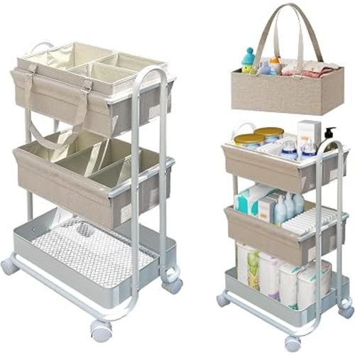 2In1 Baby Diaper Caddy Organizer with Dividers,3-Tier Diaper Rolling Cart,Mobile Metal Utility Cart for Baby Nursery,Baby Bedside Cart, Large Capacity