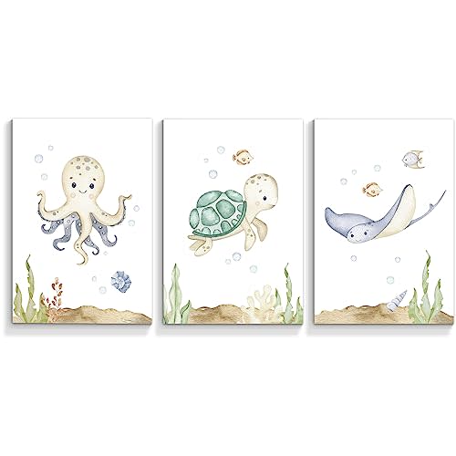 Yuaruo Ocean Animal Nursery Canvas Wall Art, 3 Piece Under The Sea Artwork Poster, Cute Life Aquatic Turtle Octopus Print Painting Decor for Baby Bedroom Playroom Classroom 12x16in Unframed