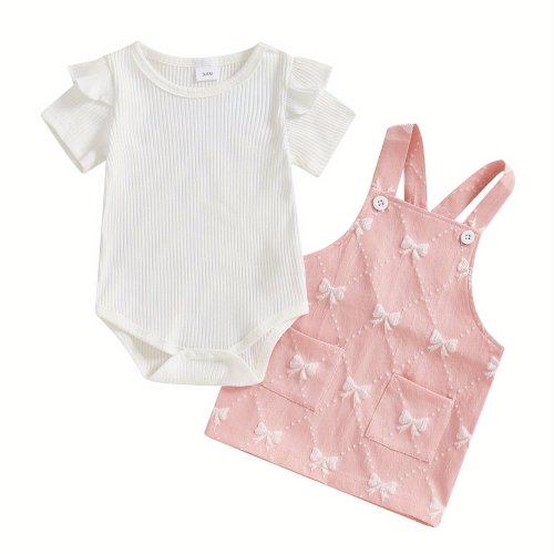 Baby Girls Summer Clothes, Toddler Bow Outfits, Solid Ribbed Short Sleeve Romper with Bow Pattern Overall Dress 2pcs Set, for Outdoor