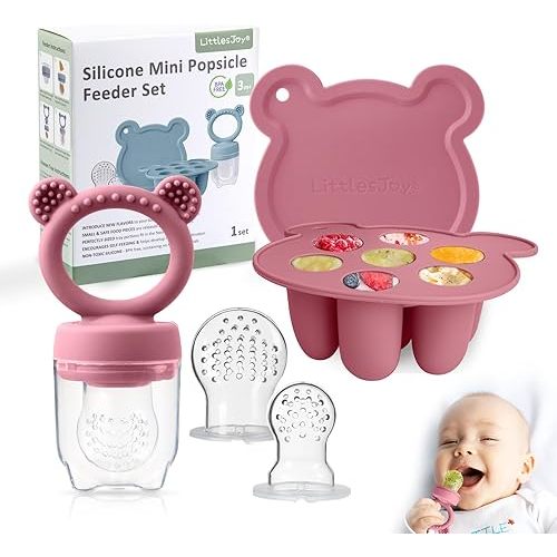 Baby Food Feeder/Fruit Feeder Pacifier NibblerTray Combo,Breastmilk Popsicle Molds for Baby Cooling Relief, BPA Free Silicone Feeder for Safe Infant Self Feeding, (powder ros)
