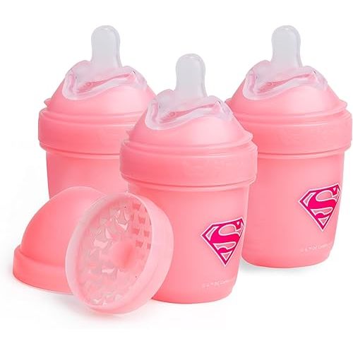 Herobility Anti-Colic Baby Bottles 5 oz / 140 ml – Pack of 3 Newborn Baby Bottles, Slow Flow Plastic Bottles, Breast-Shaped Teat for Breastfed Babies, Small Baby Bottles, Swedish Design, Supergirl