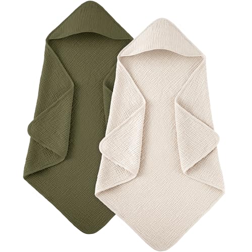 Susurration Hooded Baby Towels for Newborn 2 Pack 100% Muslin Cotton Towel for BabiesHighly Absorbent and Newborn Essential 30x30 Inch Cream&Dark Green