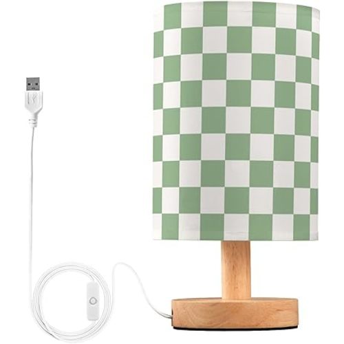 Table Lamp Green White Checkered Nightstand Lamp with Wood Base LED Bedside Shade Desk Lamp for Bedroom Living Room Dorm Office Decor