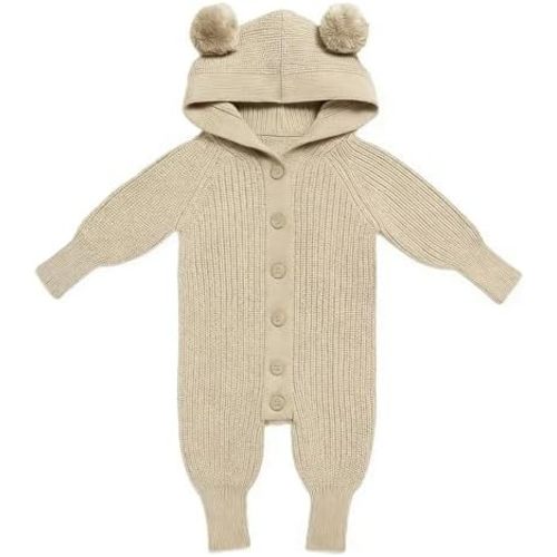 Newborn Baby Knitted 100% Cotton Romper Sweater Jumpsuit with Pom Pom Ears, Long Sleeve Outfit