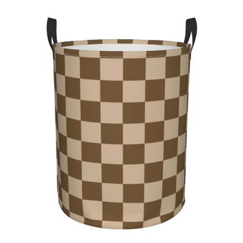 TEQUAN Waterproof Laundry Hampers, Checkerboard Brown Pattern Clothes Storage Basket with Handle (S)