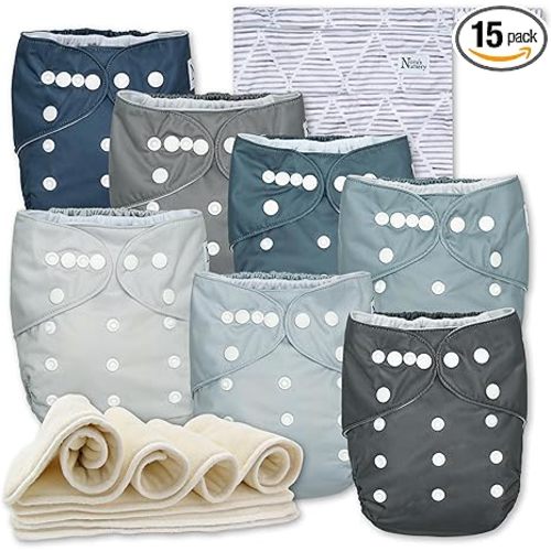 Nora's Nursery Cloth Diapers 7 Pack with 7 Inserts & 1 Wet Bag - Waterproof Cover, Washable, Reusable & One Size Adjustable Pocket Diapers for Newborns and Toddlers - Out to Sea