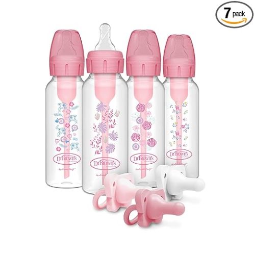 Dr. Brown’s Anti-Colic Options+ Baby Bottles, Narrow, Pink Floral Designs, 8oz, 4 Pack and HappyPaci 100% Silicone Pacifier 0-6m, BPA Free, White, Pink, Light Pink 3-Pack