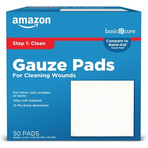 Amazon Basic Care Gauze Pads, 4x4 inches Sterile Medical Wound Dressing Sponges for Cleaning, Covering, & Cushioning Cuts & Minor Injuries, 50 Count (Pack of 1), (Previously All Health)