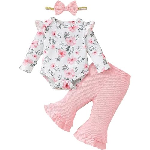 SUNNY PIGGY Baby Girl Clothes Ruffle Short Sleeve Romper Long Pants Set with Headband Newborn Infant Outfits