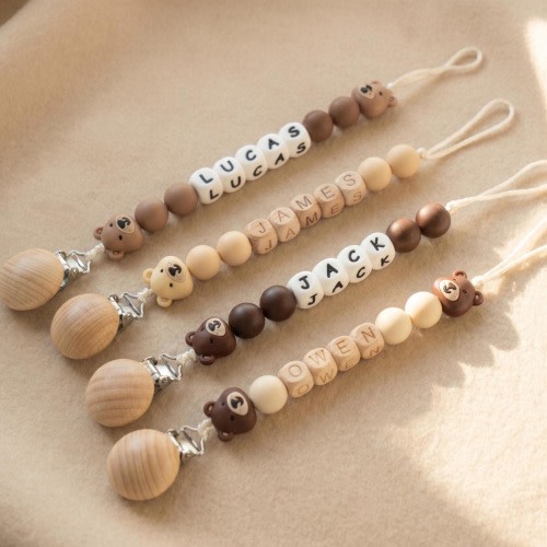 Teddy Bear Pacifier Clip, Personalized Baby Name Binky Holder, Neutral Wood Bead Paci Clip, Newborn Gift