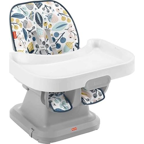 Fisher-Price SpaceSaver High Chair Navy Foliage, portable infant-to-toddler dining chair and booster seat with easy clean up features