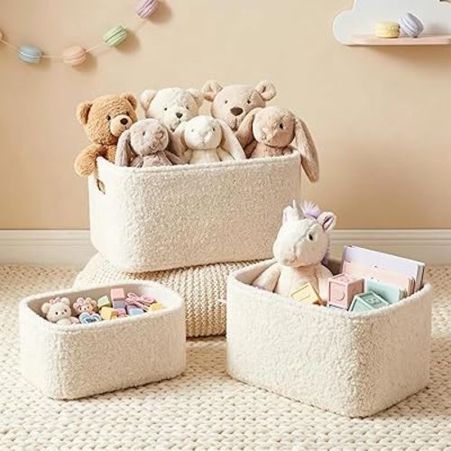Boucle Storage Baskets Set of 3, Luxury Nursery Organizing Storage Bins, Nesting Shelf Baskets Decorative Boxes for Gifts, Rigid Toy Box Holder for Shelf Closet Home Organization, Beige