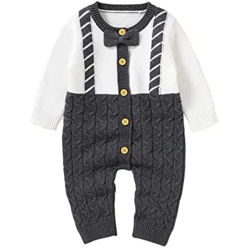 Newborn Infant Girls Colorblock Rompers Crewneck Bowknot Cable Knitted Jumpsuit Autumn Winter Warm Sweaters