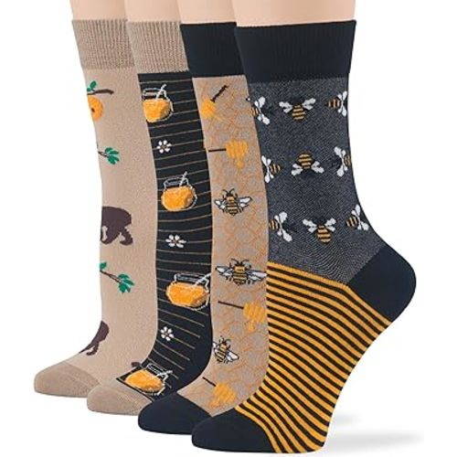 7BigStars Women Crew Socks - Fun Cotton Socks for Women, Colorful and Cute Designs, 4 Pairs Breathable Casual Dress Socks