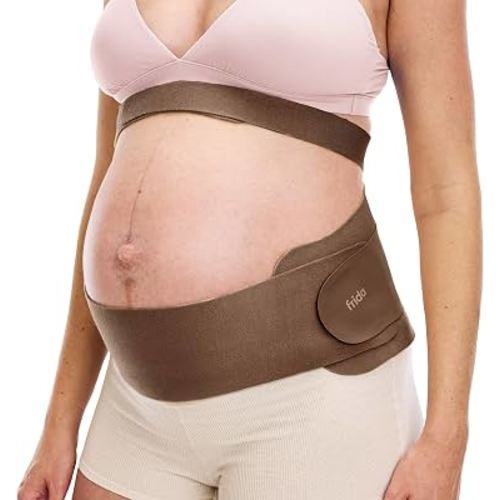Frida Mom Dual Support Pregnancy Belly Band, Supports Baby Bump, Cocoa, S/M | Ultimate Support for Back, Hip & Pelvic, Adjustable, Lightweight, Breathable & Comfy, Grows with Bump