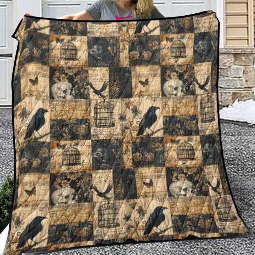 Gothic Raven Skull Quilt Spooky Vintage Throw Blanket Lightweight Breathable Quilt Dark Academia Occult gift Witchy Blanket Halloween Quilt