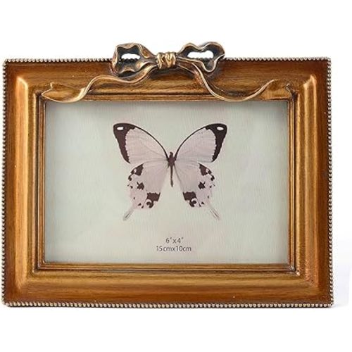 SIKOO Vintage Picture Frame 4x6 Antique Bow Picture Frame Wall Mount or Tabletop Display Antique Wall Decor Gallery Retro Cottage Home Decor Bronze Gold