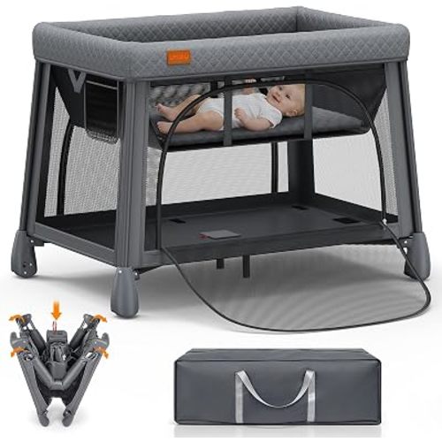 UMIKU Travel Pack and Play Baby Travel Crib with Bassinet, Extra Large Foldable Portable Baby Playpen with Mattress & 2 Zipper Access, Portable Cribs Play Pen Babies Essentials Travels Bed Grey