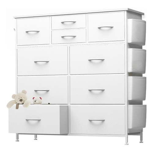 edx Dresser Storage with 10 Drawers, Fabric Dresser Tower with Side Bag, Storage Unit for Bedroom, Closet, Office, White