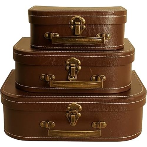 wald imports - Set of 3 Paperboard Suitcases - Decorative Storage Boxes - Suitcase Set for Decoration, Storage, and More (Brown)